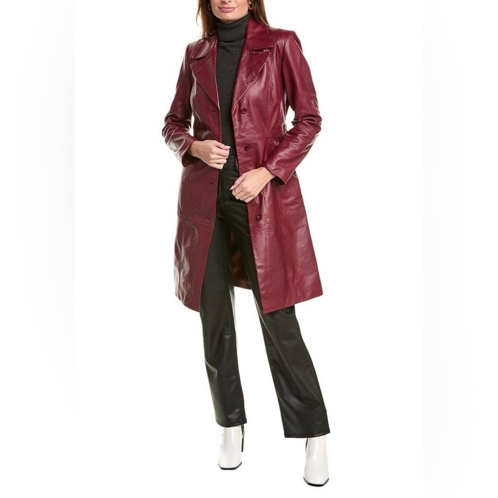 Badgley Mischka Tinsley Lamb Leather Trench Coat Bordeaux Oxblood NWT Size Small - Picture 3 of 11